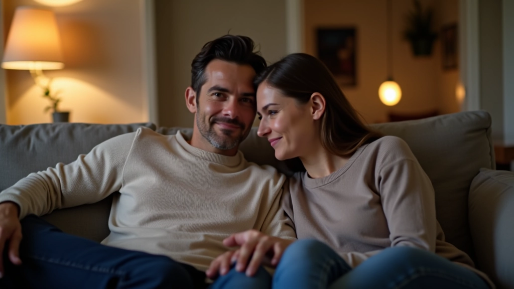 Casal na casa, sentados no sofá em ambiente aconchego familiar