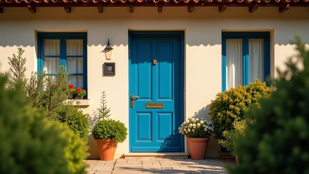 Casa com porta azul, ambiente aconchego, luz solar entra pela janela