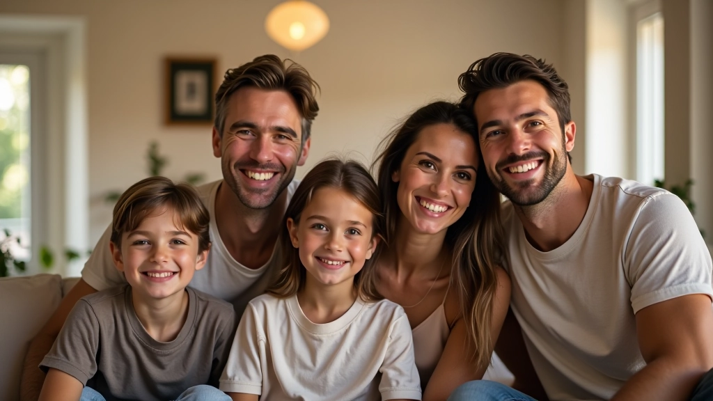 Família portuguesa moderna em ambiente aconchegante de casa com luz natural