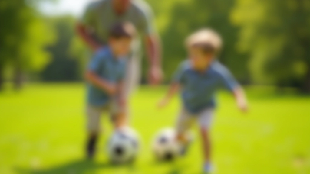 Pai e filho jogando futebol no parque, atividade ao ar livre e lazer