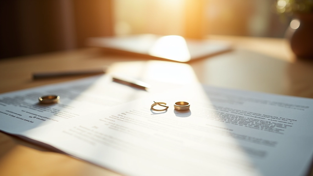 Documentos de casamento e aliança em mesa com luz natural