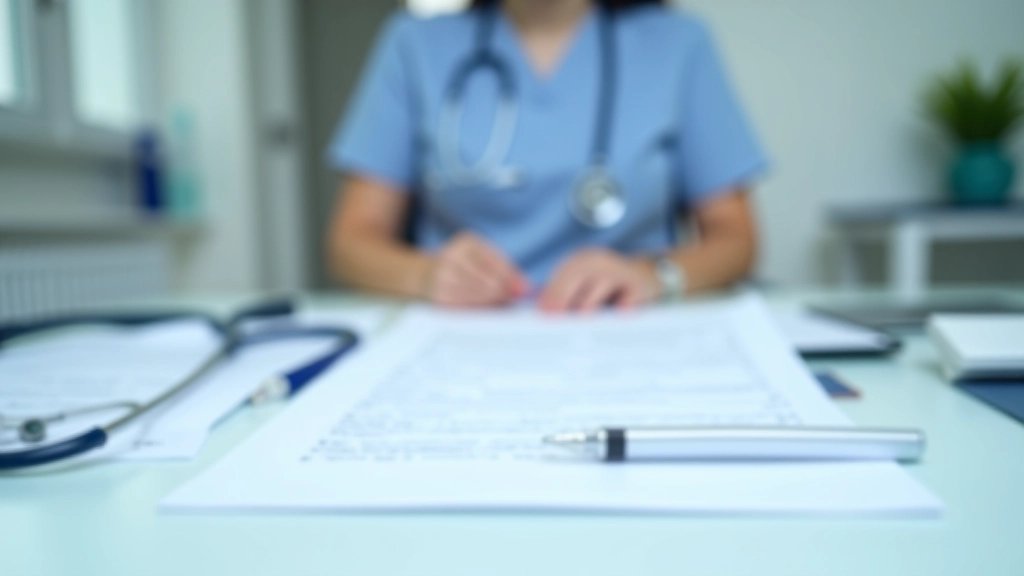 Documentos médicos e ficha clínica sobre mesa de consultório