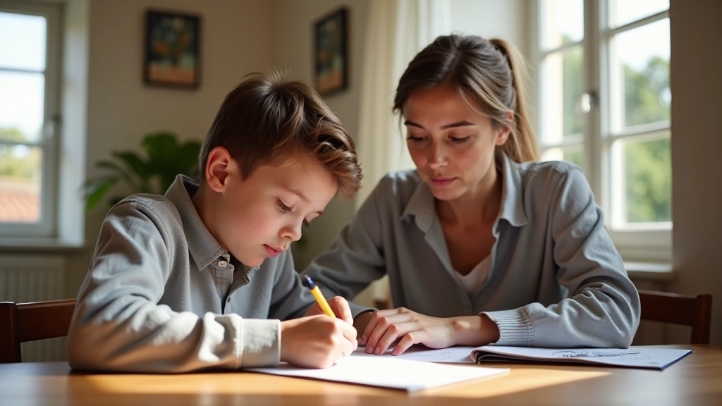 Mãe a ajudar filho com trabalho escolar, mesa de estudo com livros e material