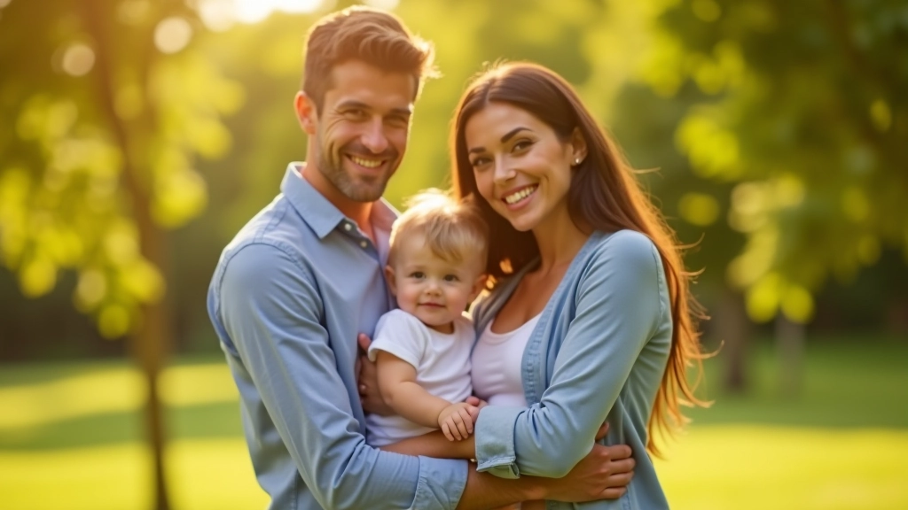 Pai e mãe com filho pequeno em parque, momento familiar